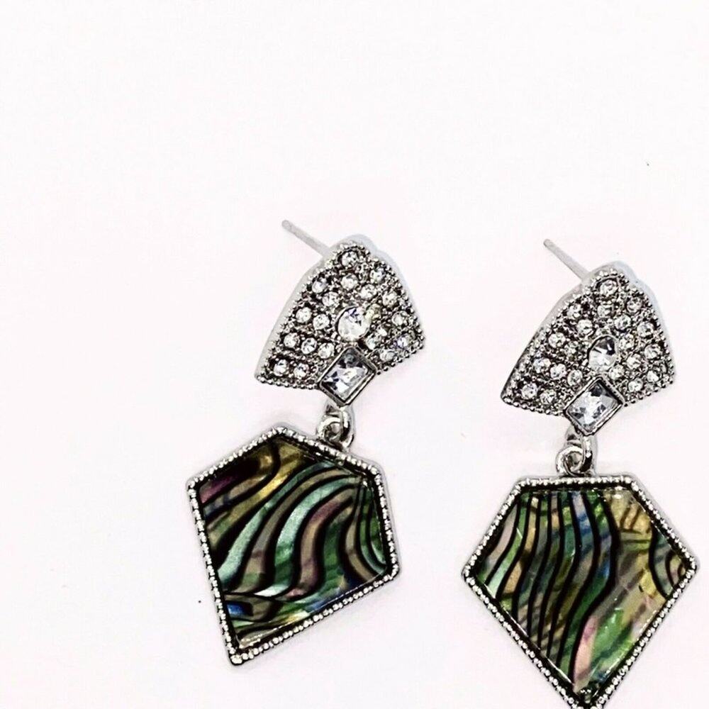 Silver Crystal Abalone Colored Dangle Earrings - Picture 3 of 6
